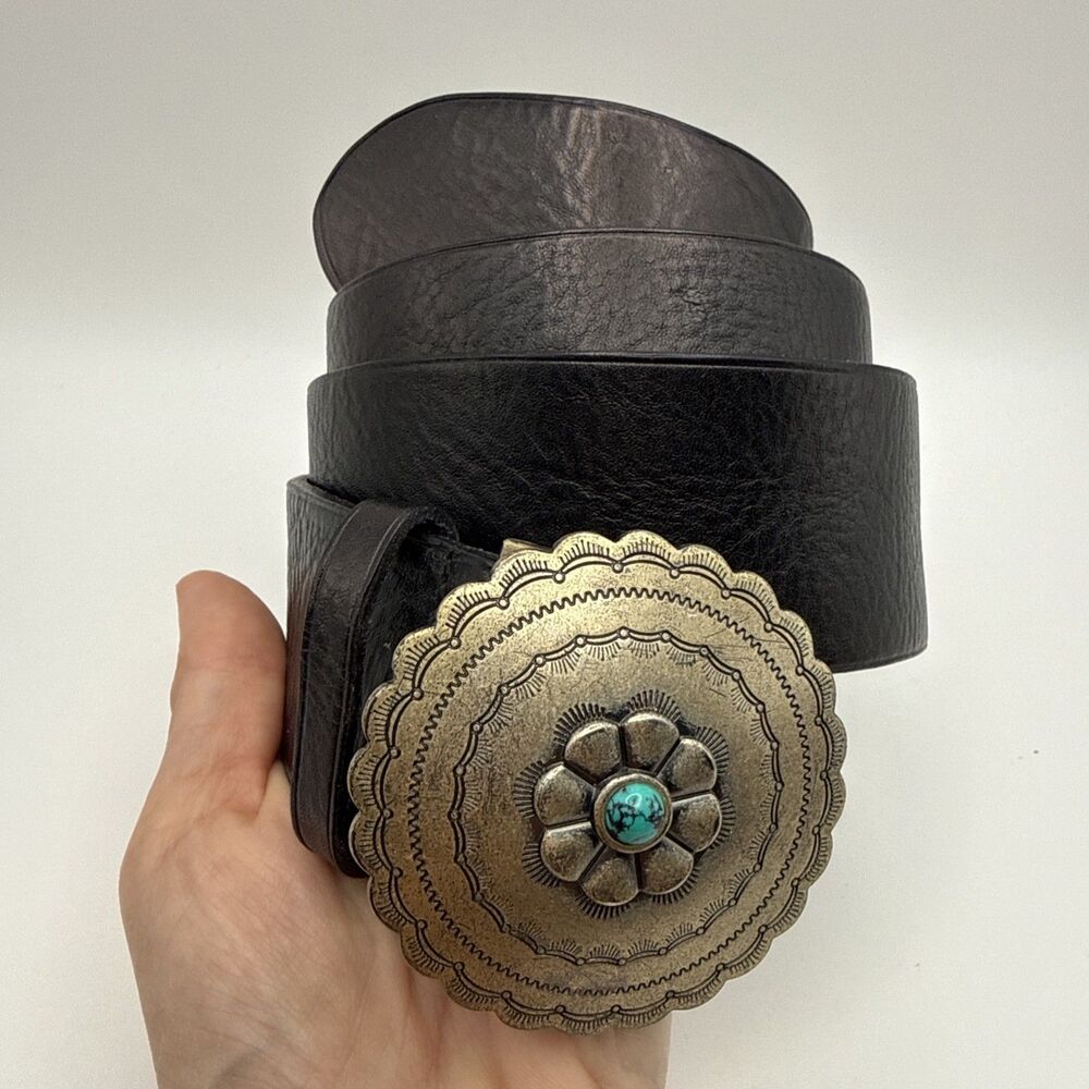 LRL Ralph Lauren Med Black Leather Western Concho Belt Turquoise Accent Buckle